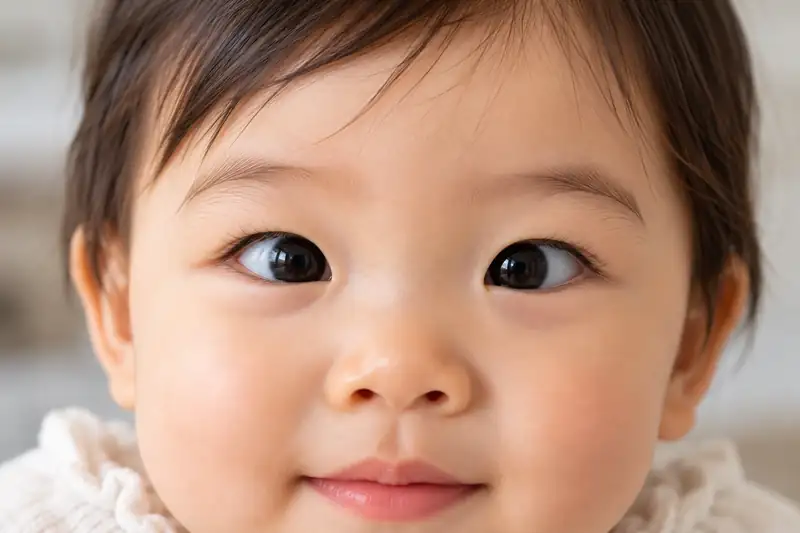 Bebê com epicanto, dobra de pele no canto interno dos olhos